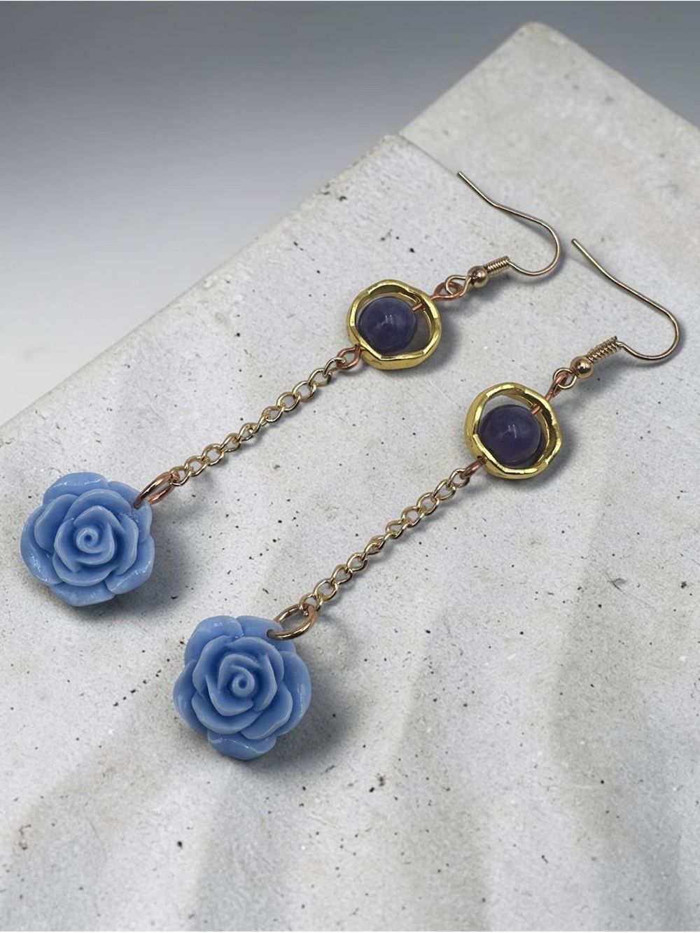 Blue Rose & Purple Bead Long Dangle Earrings Gold Tone Handmade Jewelry